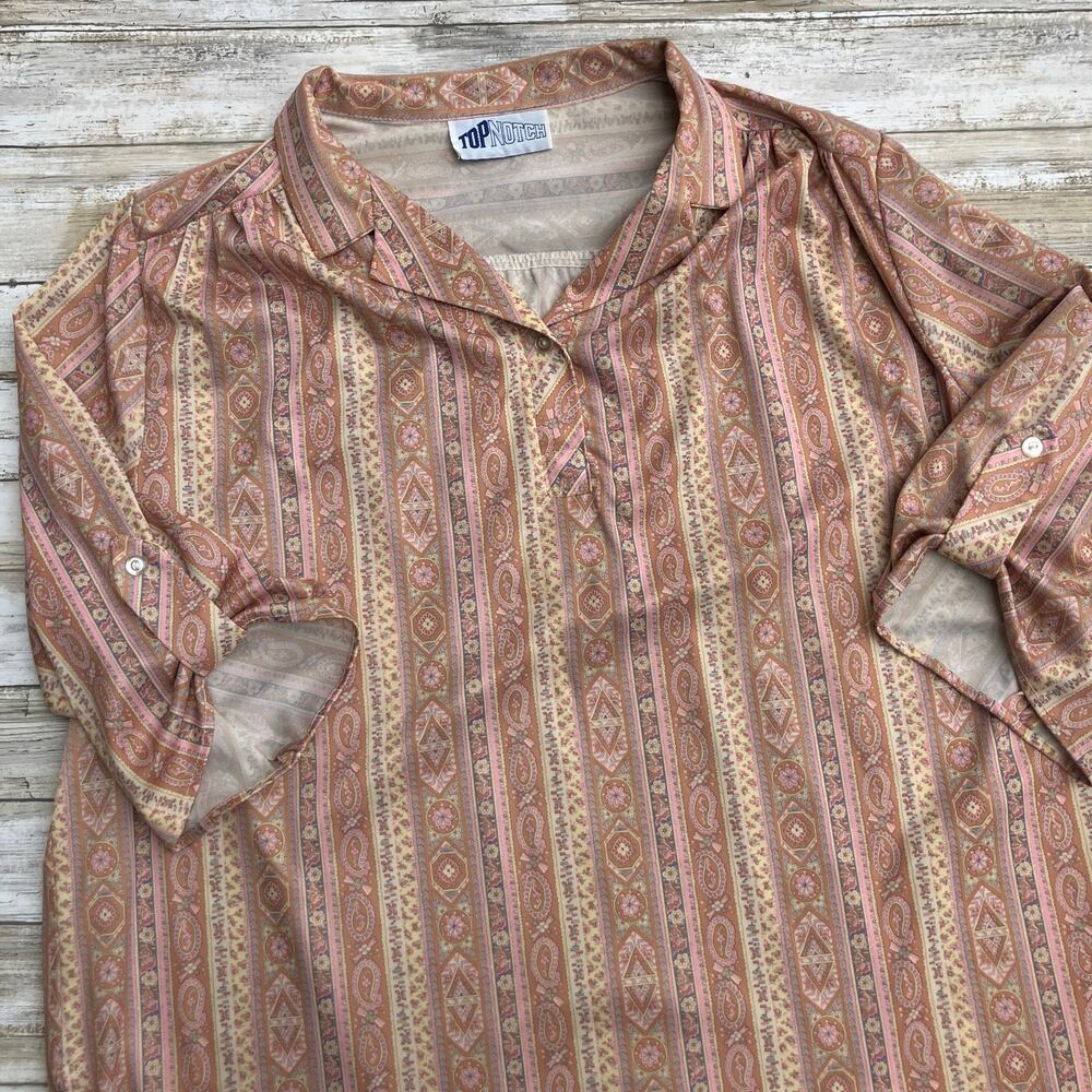 Top‎ Notch Vintage Paisley Stripe Roll Tab Sleeve Blouse Pink Orange Gently Used
